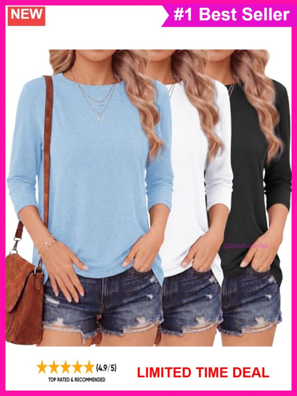 GAYHAY 3/4 Length Sleeve Womens Tops Loose Fit Crew Neck Elbow Sleeve Tee